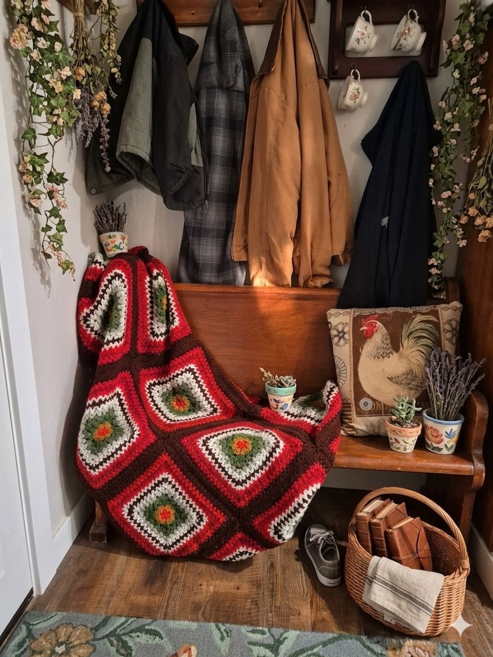 Handmade Red and Green Crochet Granny Square Throw Blanket - Unbranded